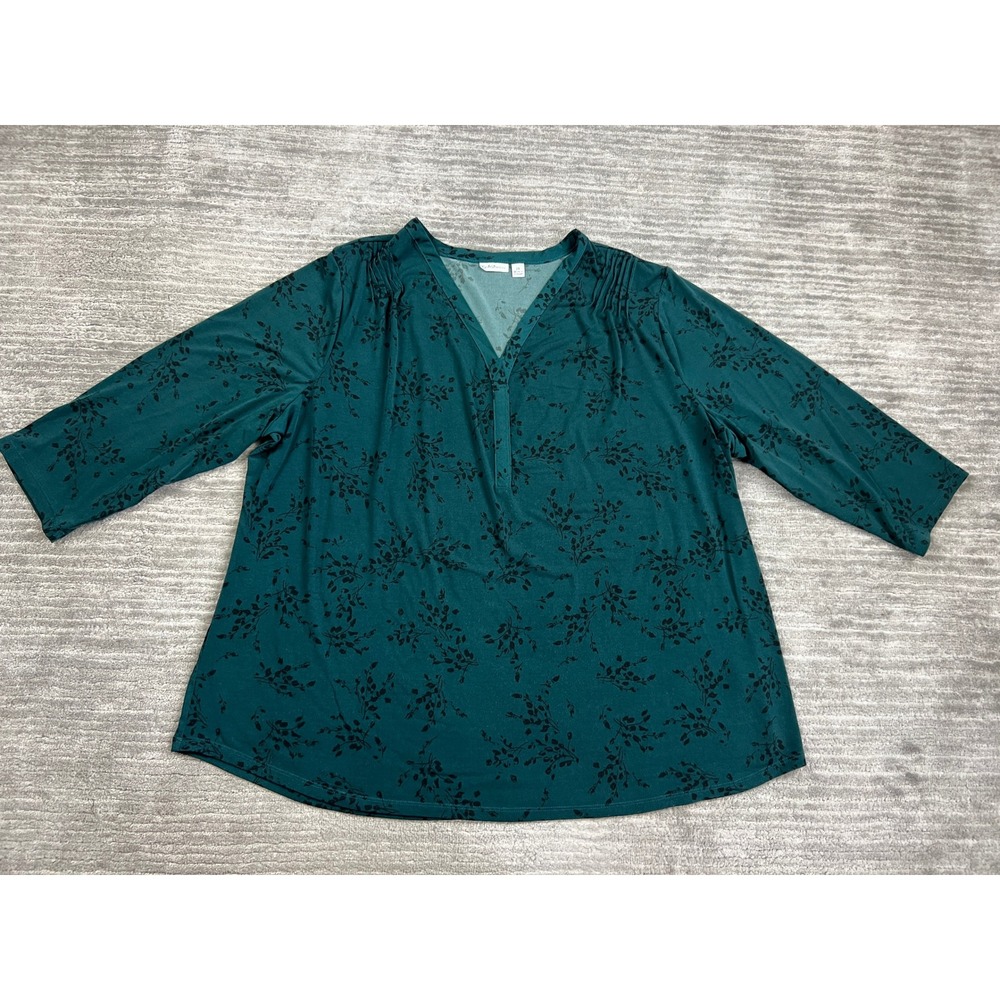 Croft & Barrow Top Womens 2X Teal Green Floral Leaf 3/4 Sleeve V-Neck Pleated